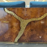 Hand-Forged Stainless Steel Sofa with Burl Wood Veneer & Handcrafted Gold Inlay